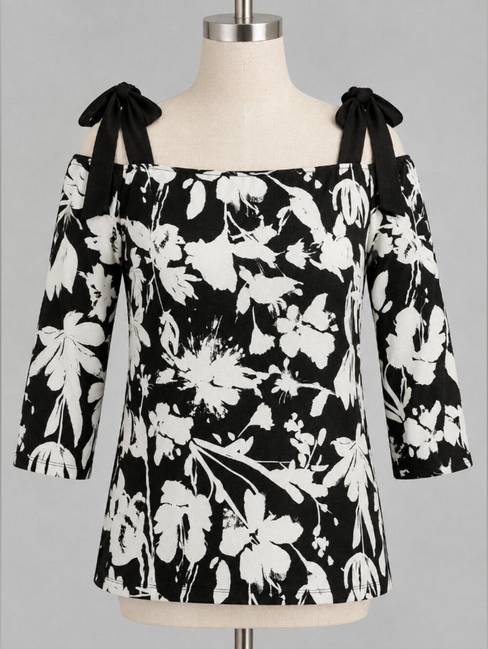 Cleo | Black White Floral Off Shoulder Tie Sleeve Top